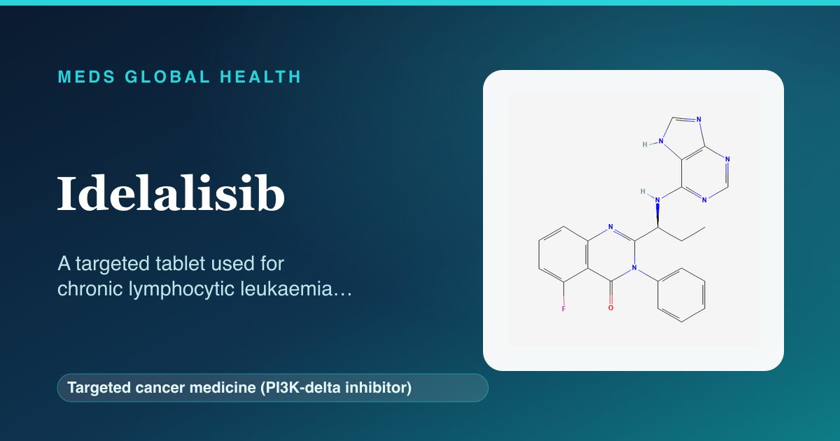 Idelalisib (Targeted cancer medicine (PI3K-delta inhibitor)) — Meds Global Health reference card with 2D molecular structure