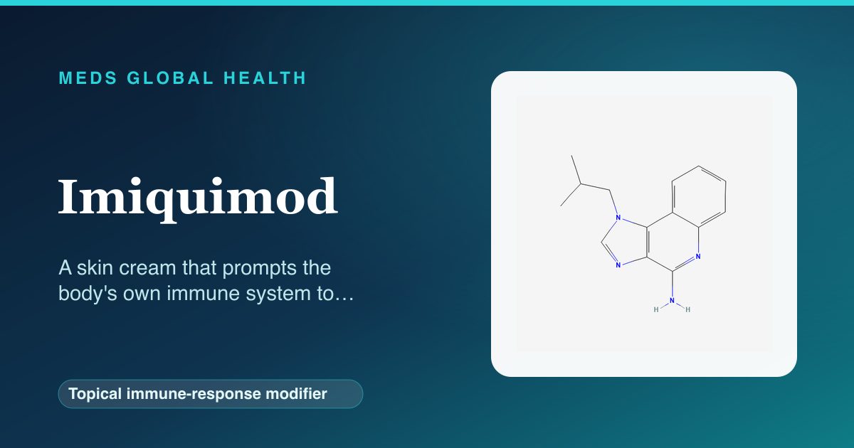 Imiquimod (Topical immune-response modifier) — Meds Global Health reference card with 2D molecular structure