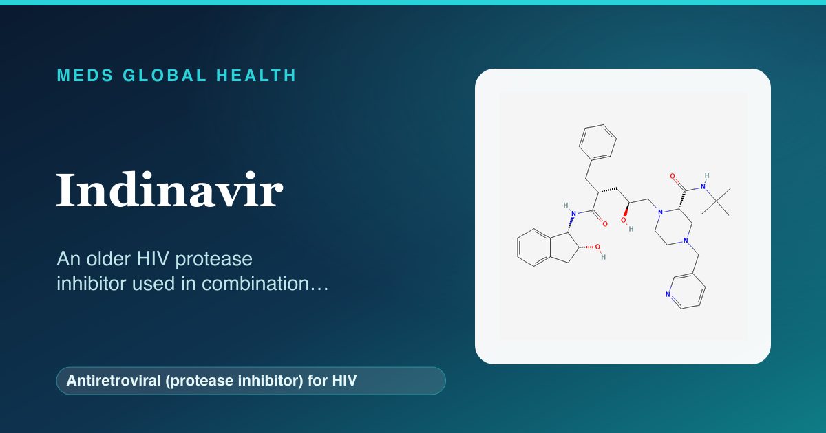 Indinavir (Antiretroviral (protease inhibitor) for HIV) — Meds Global Health reference card with 2D molecular structure