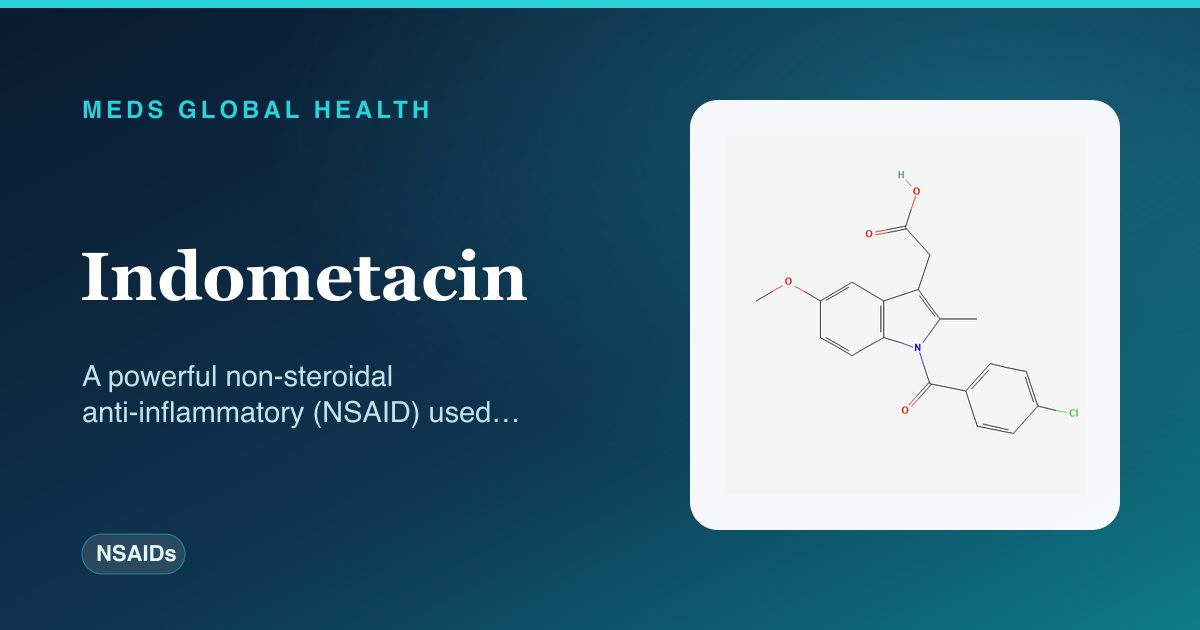 Indometacin (NSAIDs) — Meds Global Health reference card with 2D molecular structure