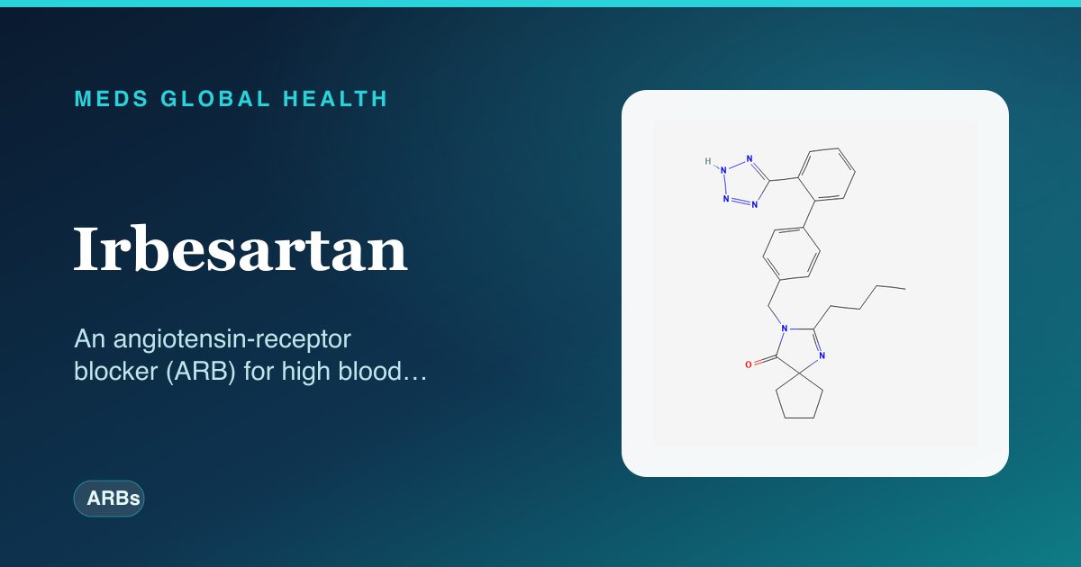 Irbesartan (ARBs) — Meds Global Health reference card with 2D molecular structure