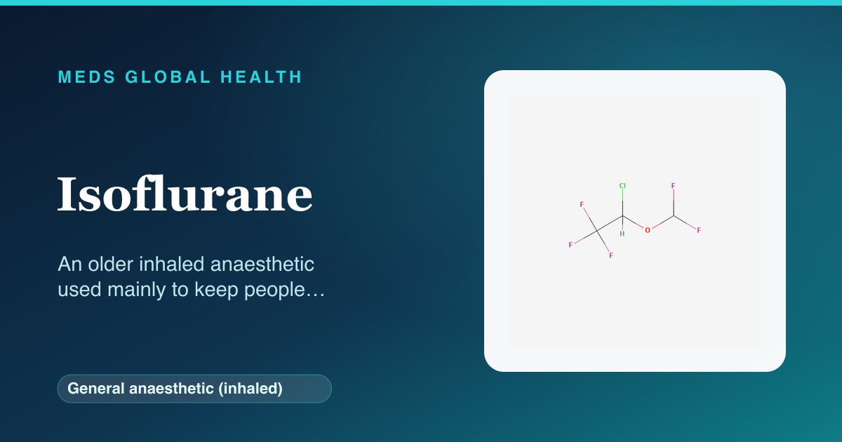 Isoflurane (General anaesthetic (inhaled)) — Meds Global Health reference card with 2D molecular structure