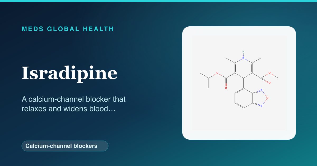 Isradipine (Calcium-channel blockers) — Meds Global Health reference card with 2D molecular structure