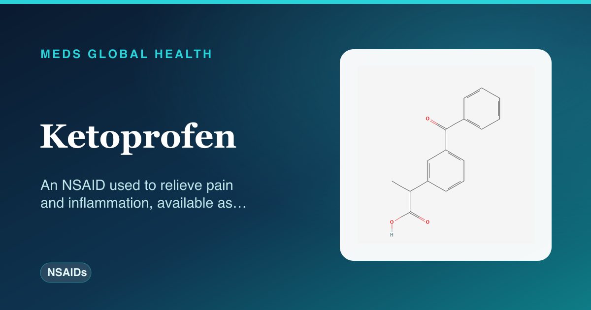 Ketoprofen (NSAIDs) — Meds Global Health reference card with 2D molecular structure