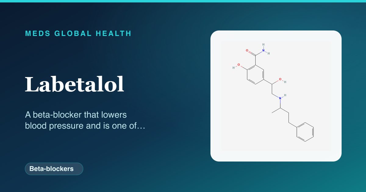 Labetalol (Beta-blockers) — Meds Global Health reference card with 2D molecular structure