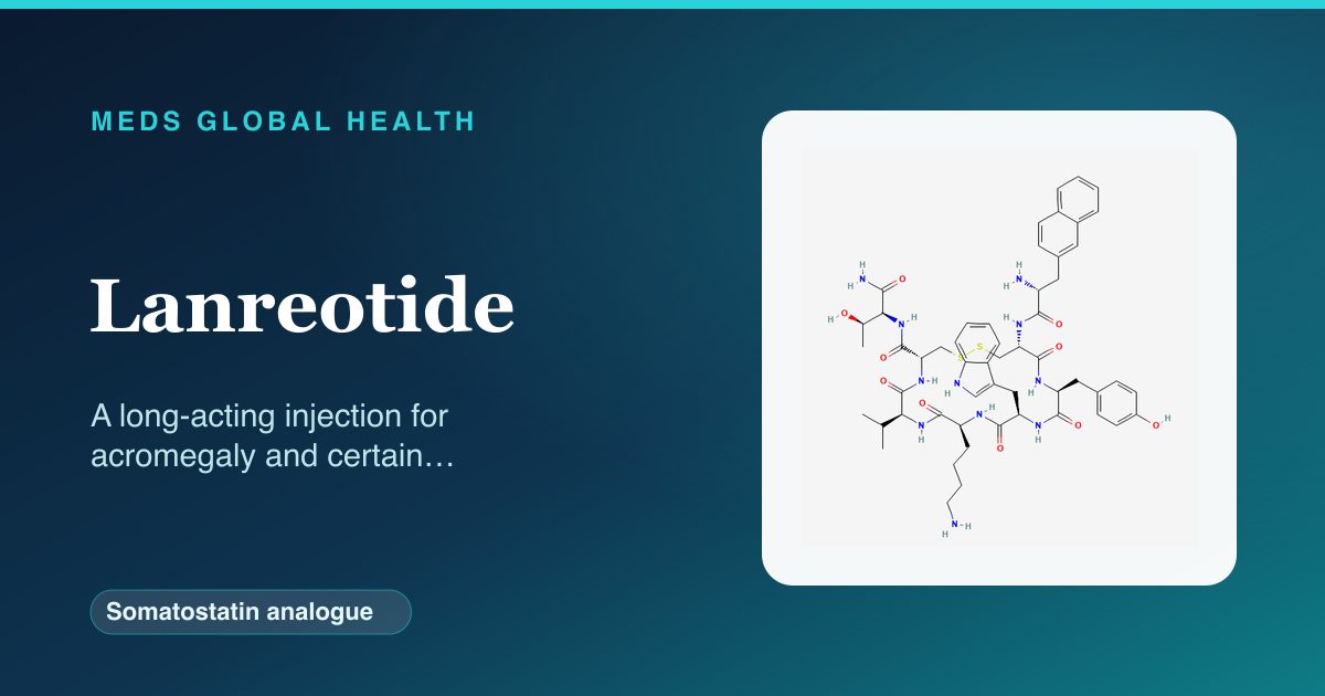 Lanreotide (Somatostatin analogue) — Meds Global Health reference card with 2D molecular structure