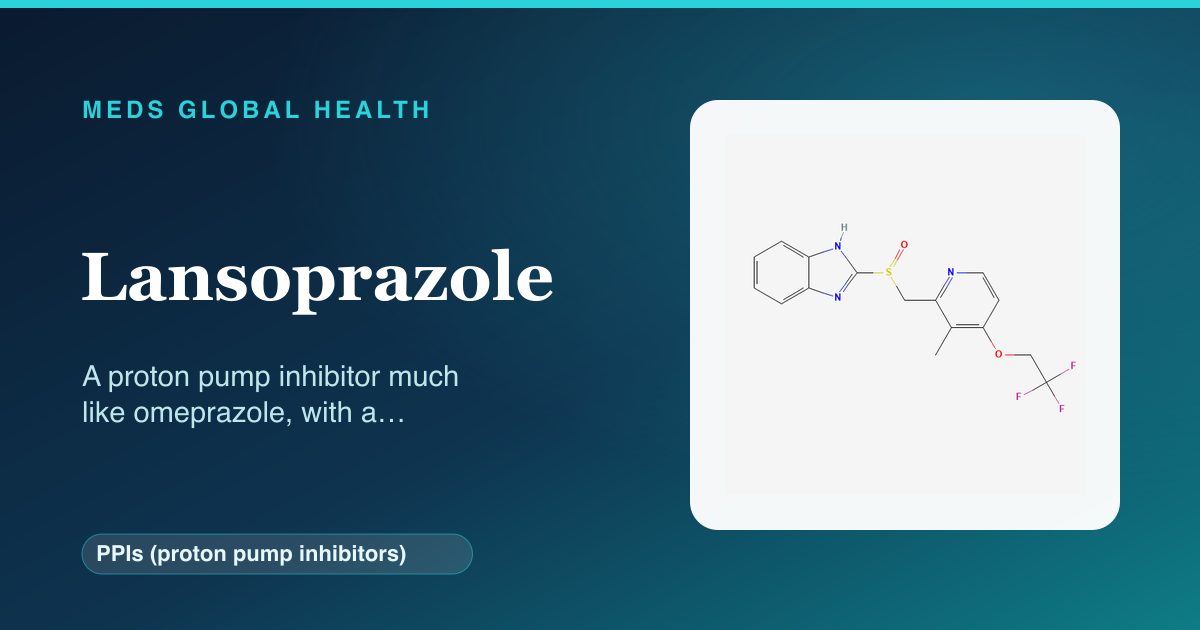 Lansoprazole (PPIs (proton pump inhibitors)) — Meds Global Health reference card with 2D molecular structure