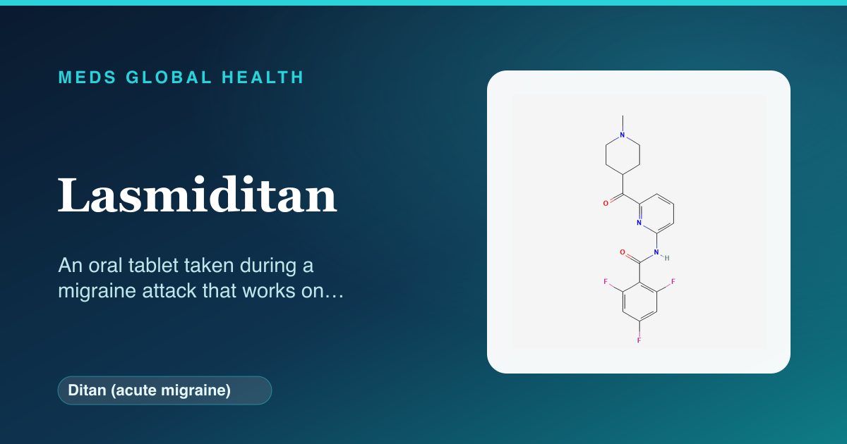 Lasmiditan (Ditan (acute migraine)) — Meds Global Health reference card with 2D molecular structure