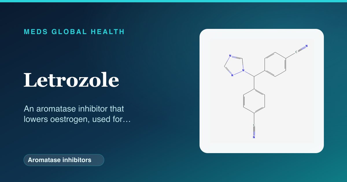 Letrozole (Aromatase inhibitors) — Meds Global Health reference card with 2D molecular structure