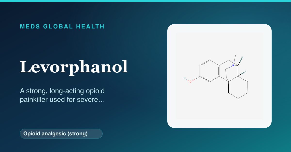 Levorphanol (Opioid analgesic (strong)) — Meds Global Health reference card with 2D molecular structure