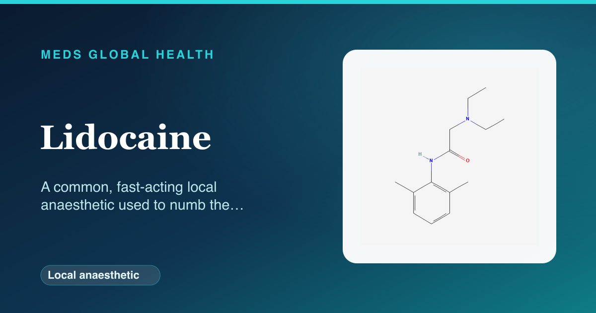 Lidocaine (Local anaesthetic) — Meds Global Health reference card with 2D molecular structure