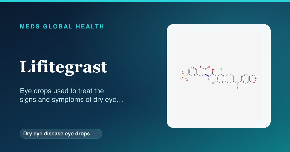 Lifitegrast (Dry eye disease eye drops) — Meds Global Health reference card with 2D molecular structure