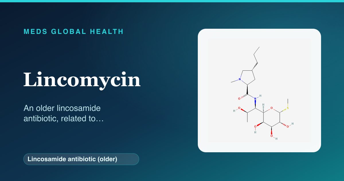 Lincomycin (Lincosamide antibiotic (older)) — Meds Global Health reference card with 2D molecular structure