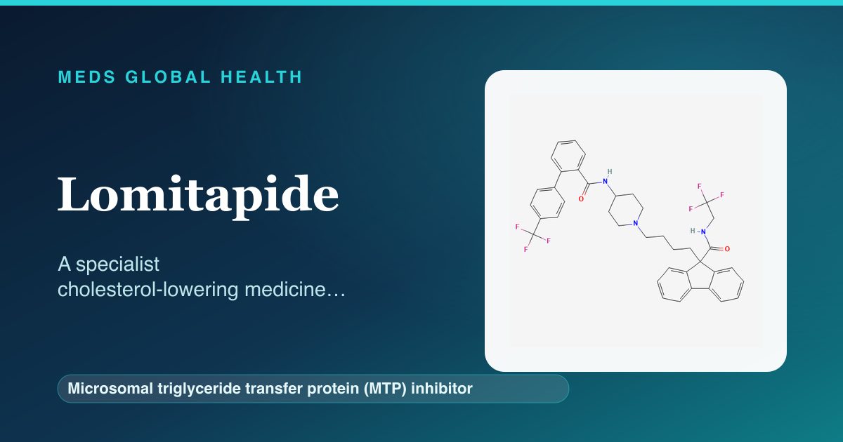 Lomitapide (Microsomal triglyceride transfer protein (MTP) inhibitor) — Meds Global Health reference card with 2D molecular structure