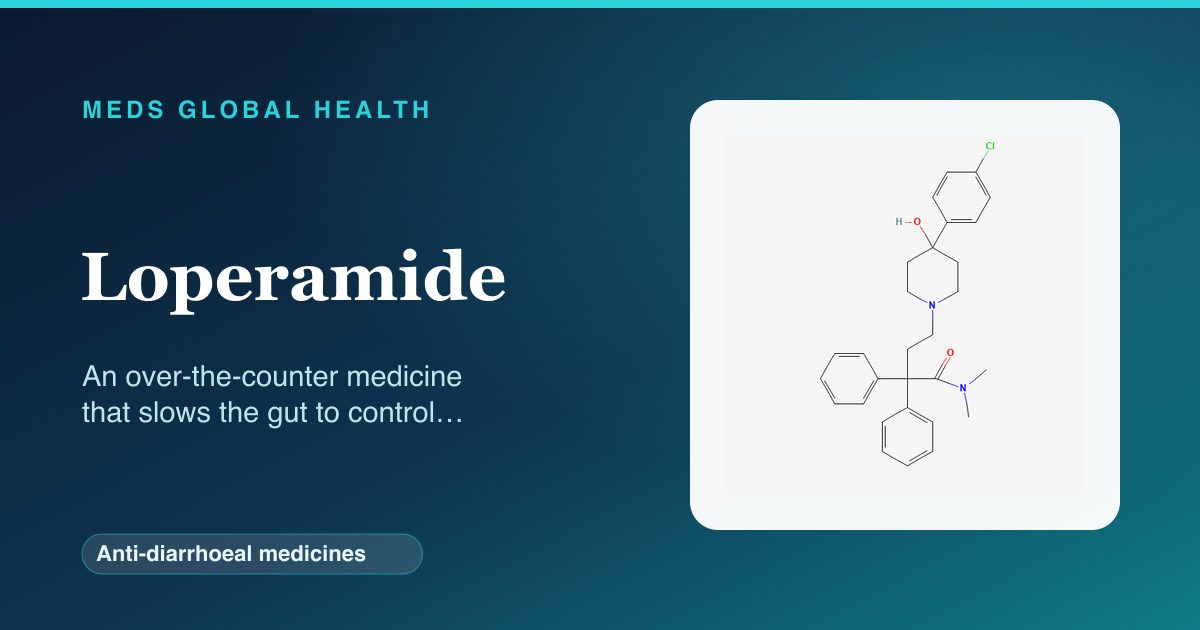 Loperamide (Anti-diarrhoeal medicines) — Meds Global Health reference card with 2D molecular structure
