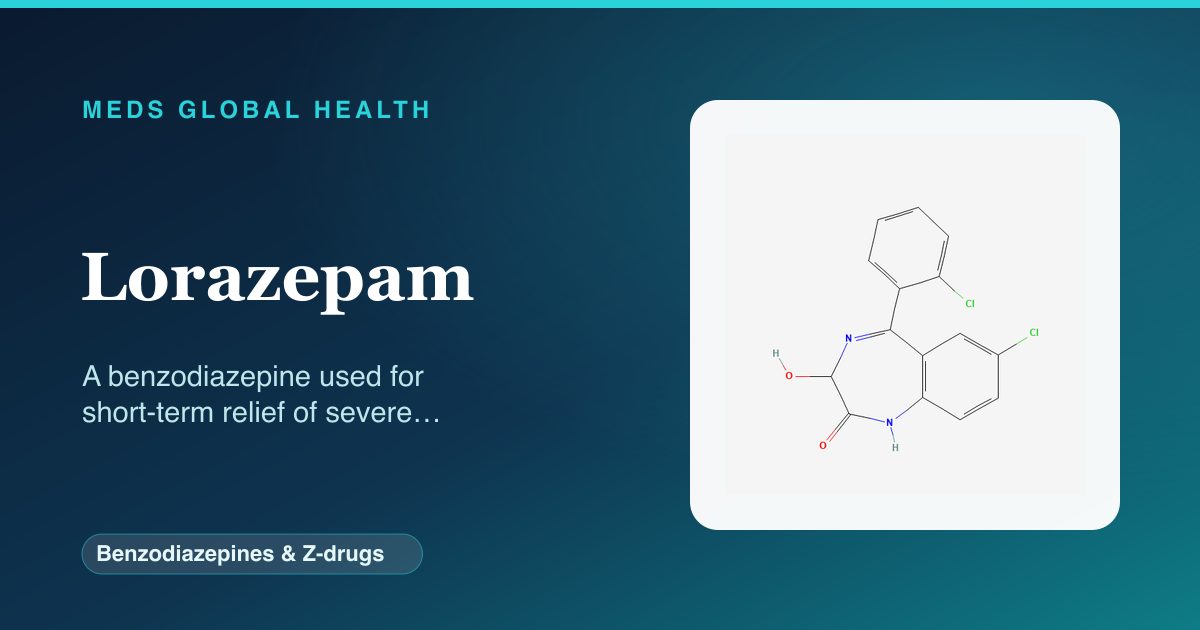 Lorazepam (Benzodiazepines & Z-drugs) — Meds Global Health reference card with 2D molecular structure