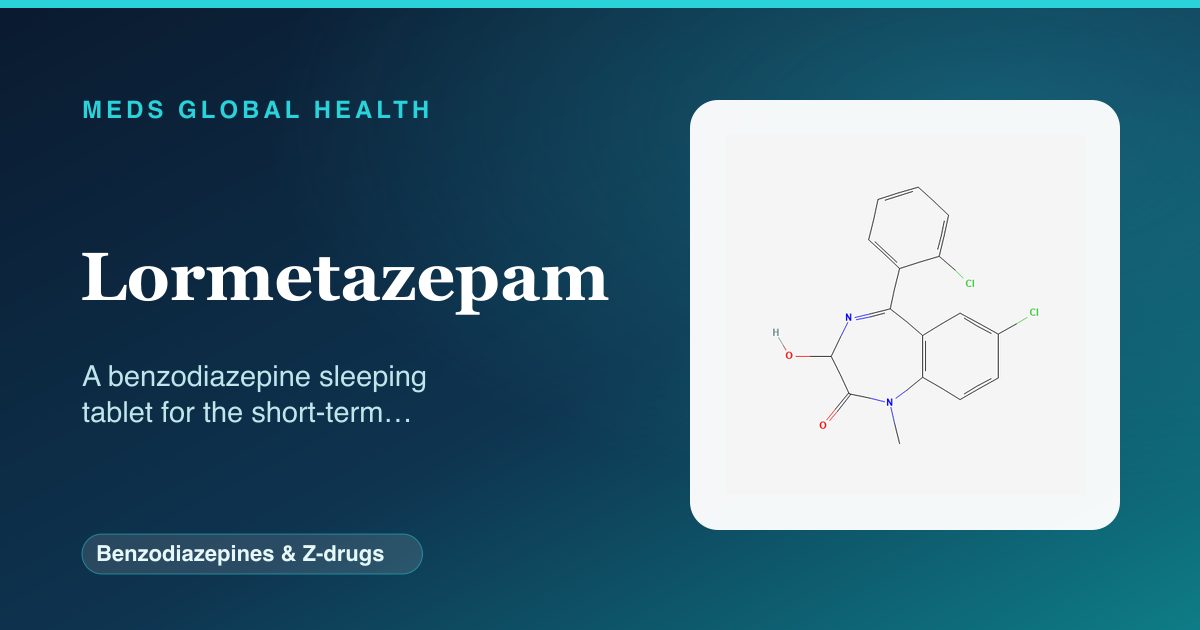 Lormetazepam (Benzodiazepines & Z-drugs) — Meds Global Health reference card with 2D molecular structure