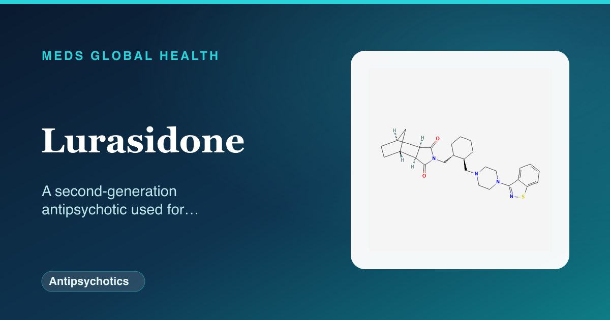 Lurasidone (Antipsychotics) — Meds Global Health reference card with 2D molecular structure