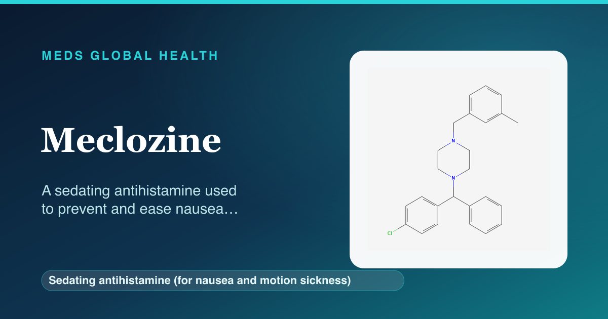 Meclozine (Sedating antihistamine (for nausea and motion sickness)) — Meds Global Health reference card with 2D molecular structure