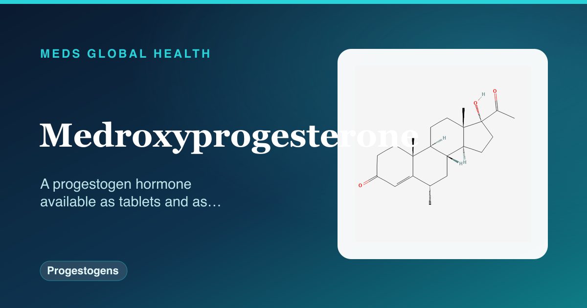 Medroxyprogesterone (Progestogens) — Meds Global Health reference card with 2D molecular structure