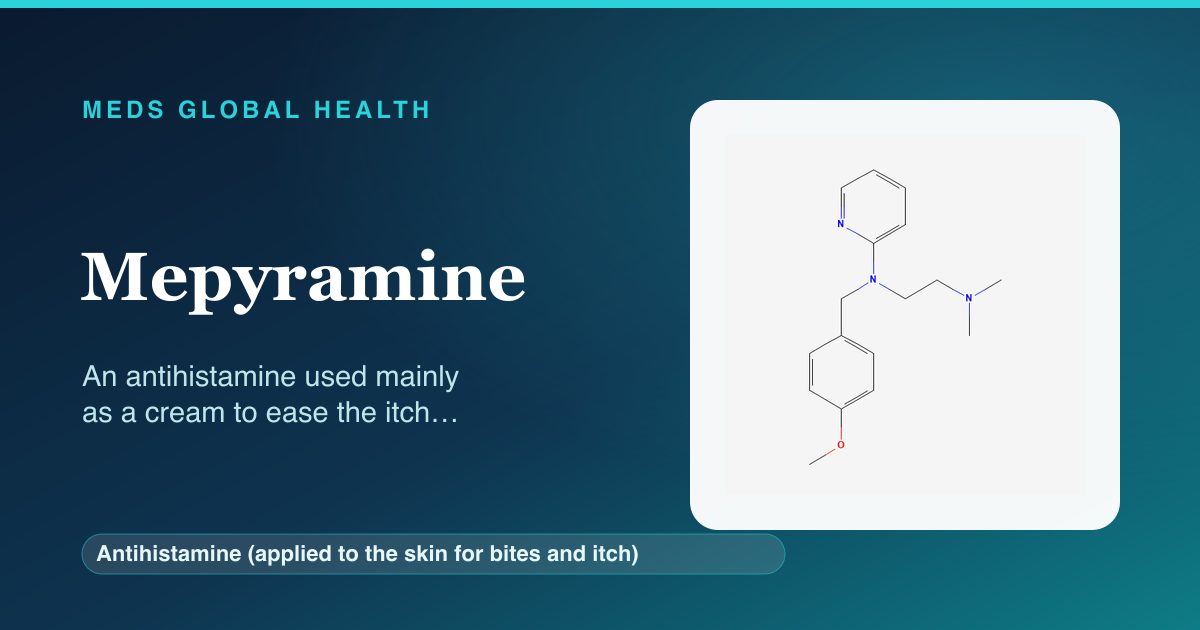 Mepyramine (Antihistamine (applied to the skin for bites and itch)) — Meds Global Health reference card with 2D molecular structure