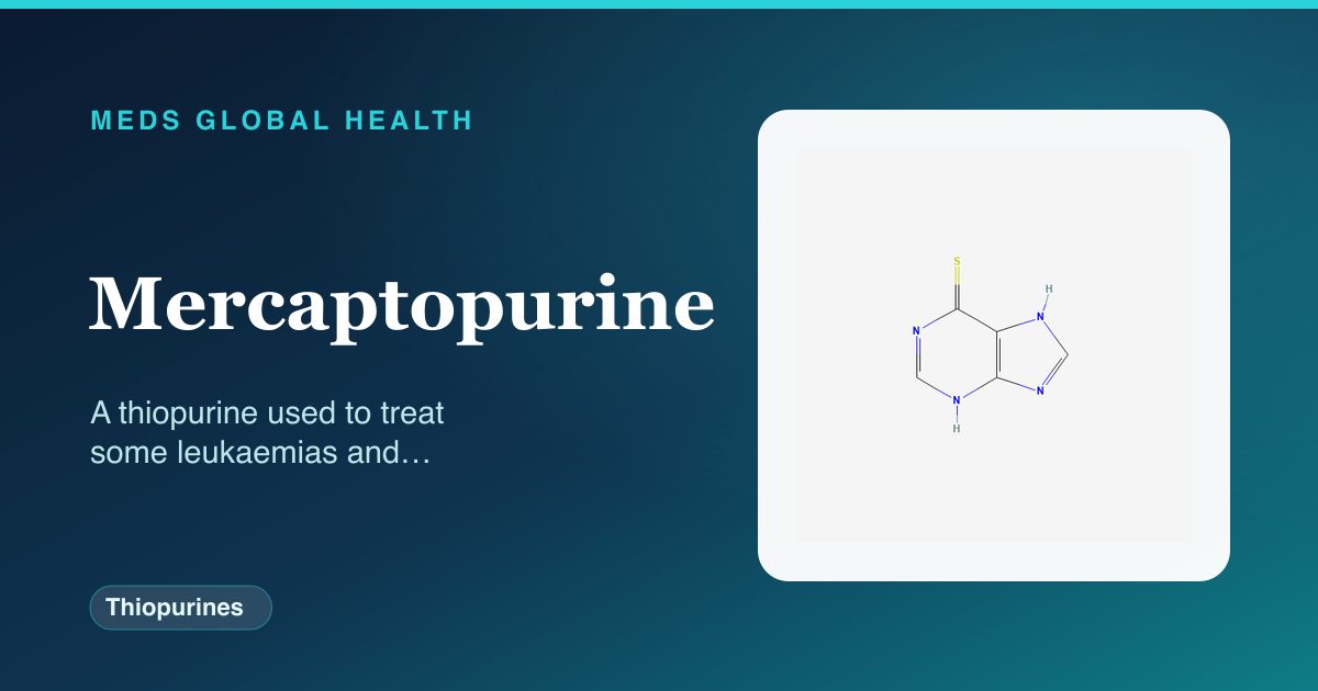 Mercaptopurine (Thiopurines) — Meds Global Health reference card with 2D molecular structure