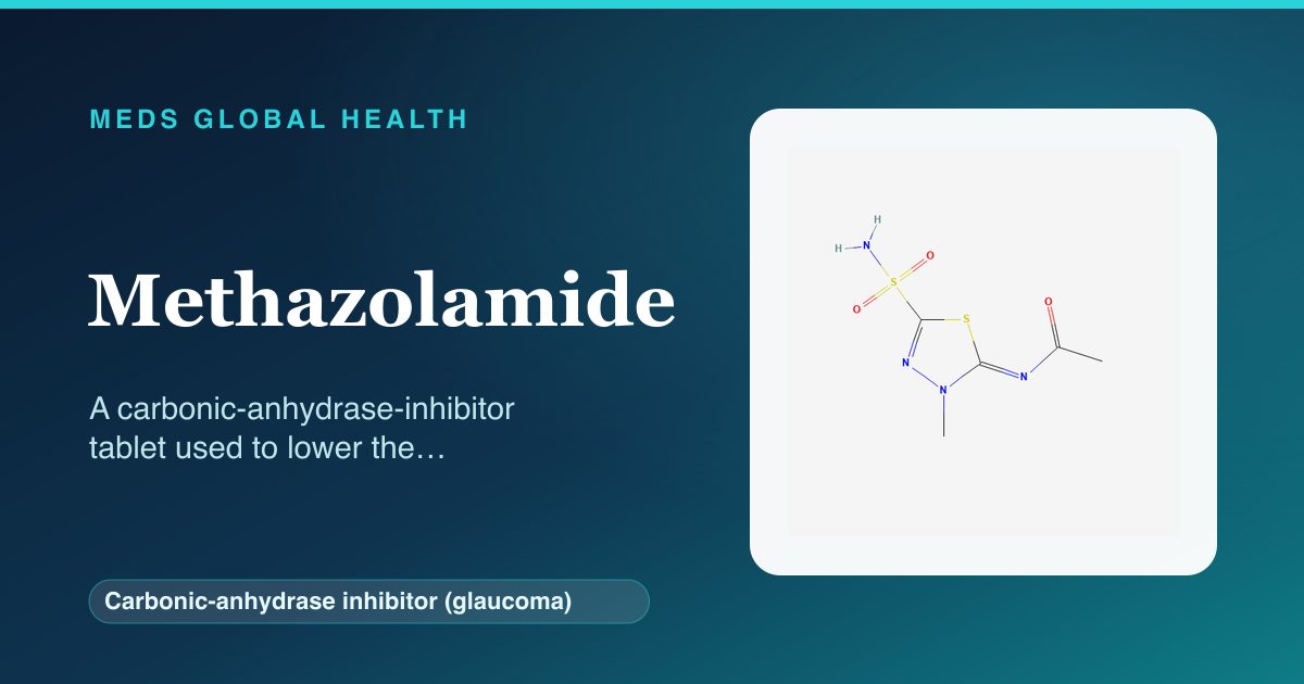 Methazolamide (Carbonic-anhydrase inhibitor (glaucoma)) — Meds Global Health reference card with 2D molecular structure