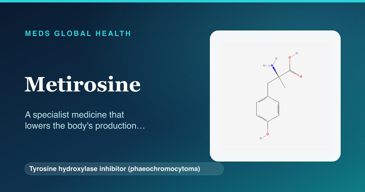 Metirosine (Tyrosine hydroxylase inhibitor (phaeochromocytoma)) — Meds Global Health reference card with 2D molecular structure