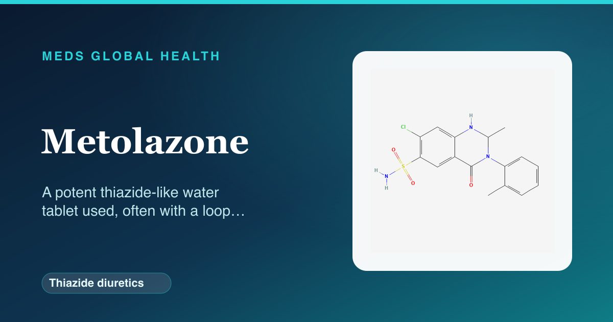 Metolazone (Thiazide diuretics) — Meds Global Health reference card with 2D molecular structure