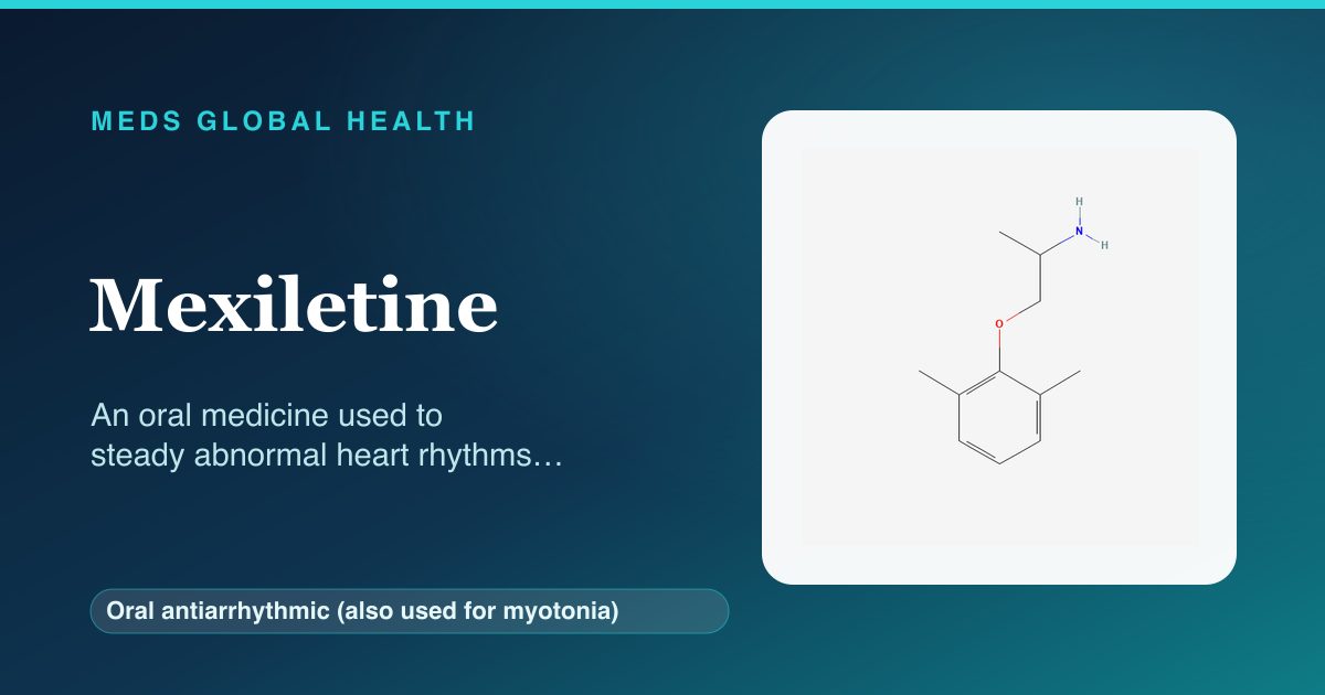 Mexiletine (Oral antiarrhythmic (also used for myotonia)) — Meds Global Health reference card with 2D molecular structure