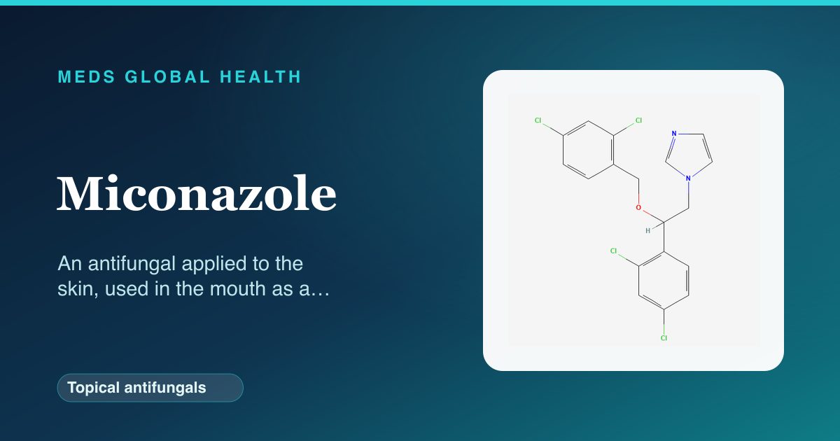 Miconazole (Topical antifungals) — Meds Global Health reference card with 2D molecular structure