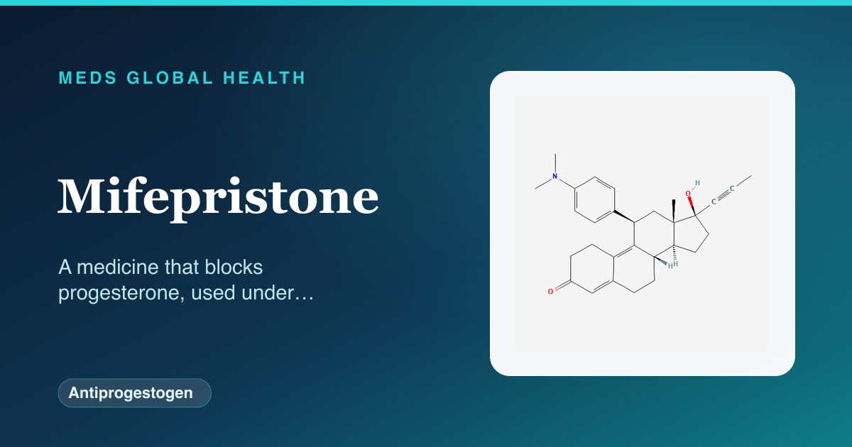 Mifepristone (Antiprogestogen) — Meds Global Health reference card with 2D molecular structure