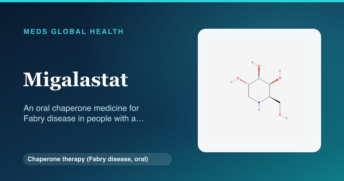Migalastat (Chaperone therapy (Fabry disease, oral)) — Meds Global Health reference card with 2D molecular structure