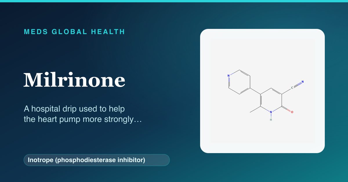 Milrinone (Inotrope (phosphodiesterase inhibitor)) — Meds Global Health reference card with 2D molecular structure