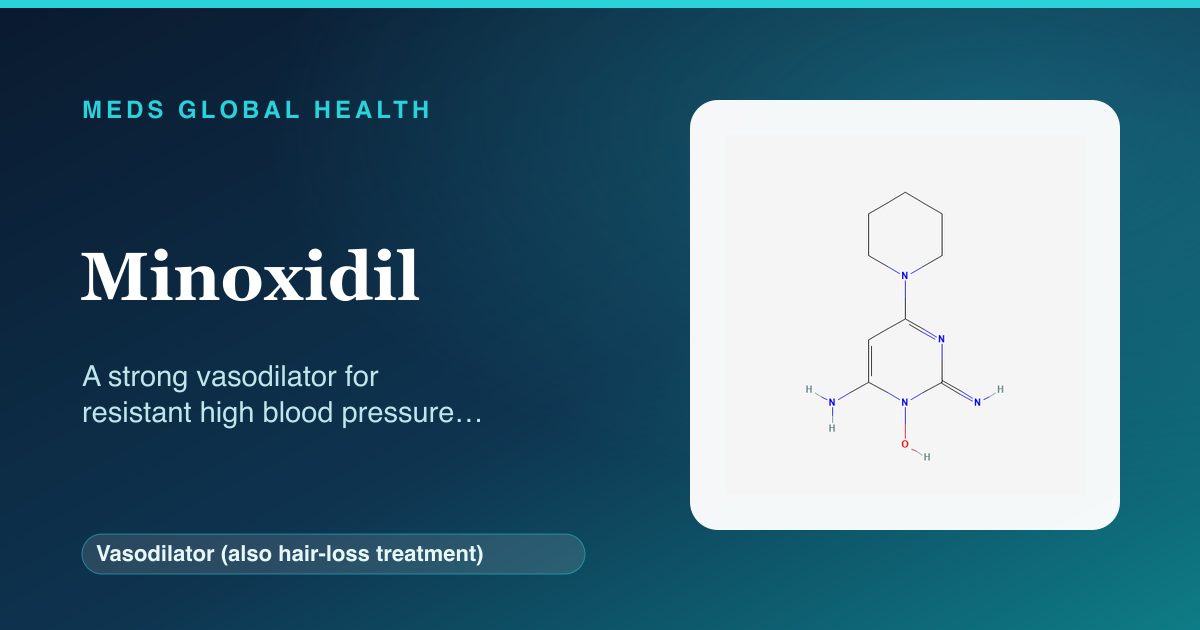 Minoxidil (Vasodilator (also hair-loss treatment)) — Meds Global Health reference card with 2D molecular structure