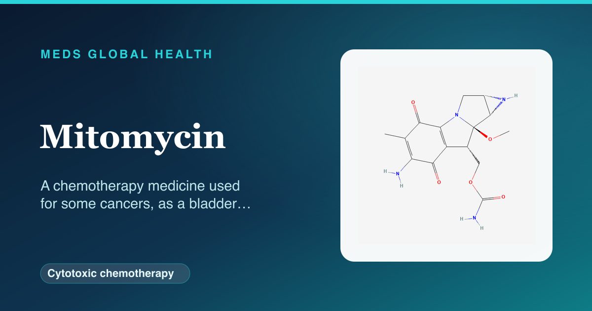 Mitomycin (Cytotoxic chemotherapy) — Meds Global Health reference card with 2D molecular structure