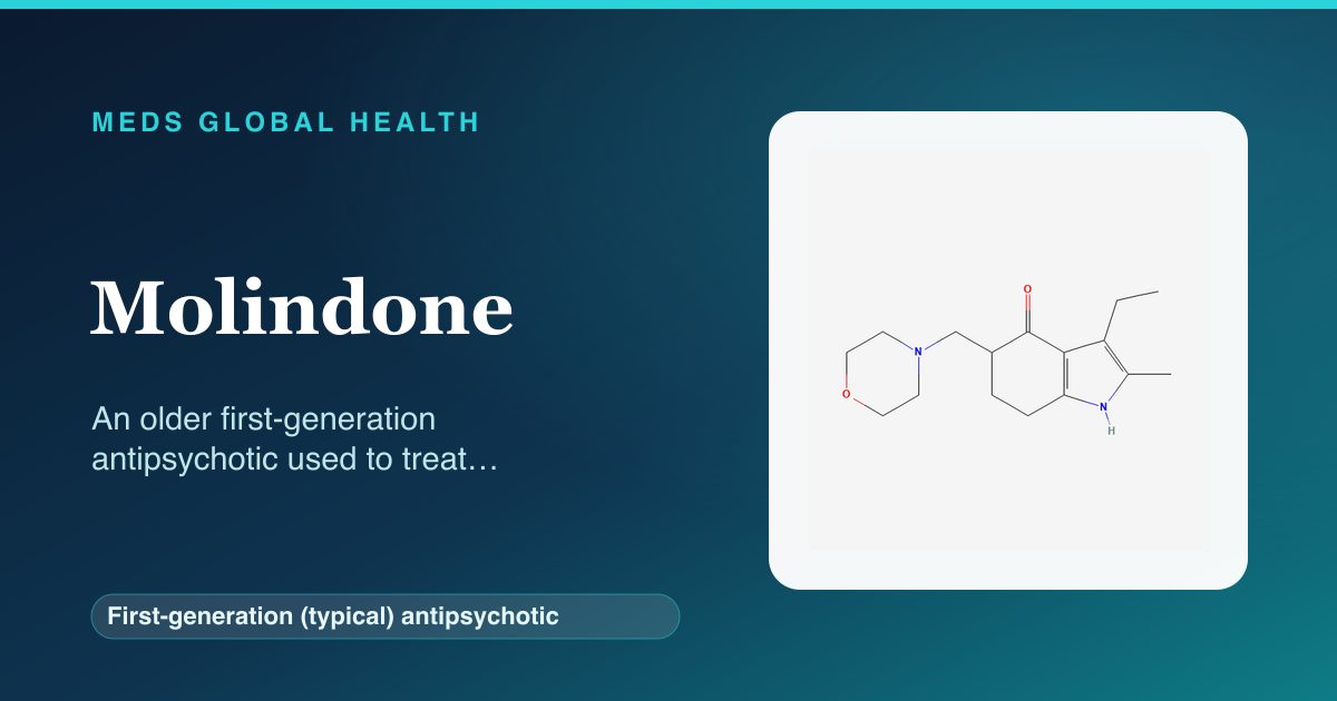 Molindone (First-generation (typical) antipsychotic) — Meds Global Health reference card with 2D molecular structure