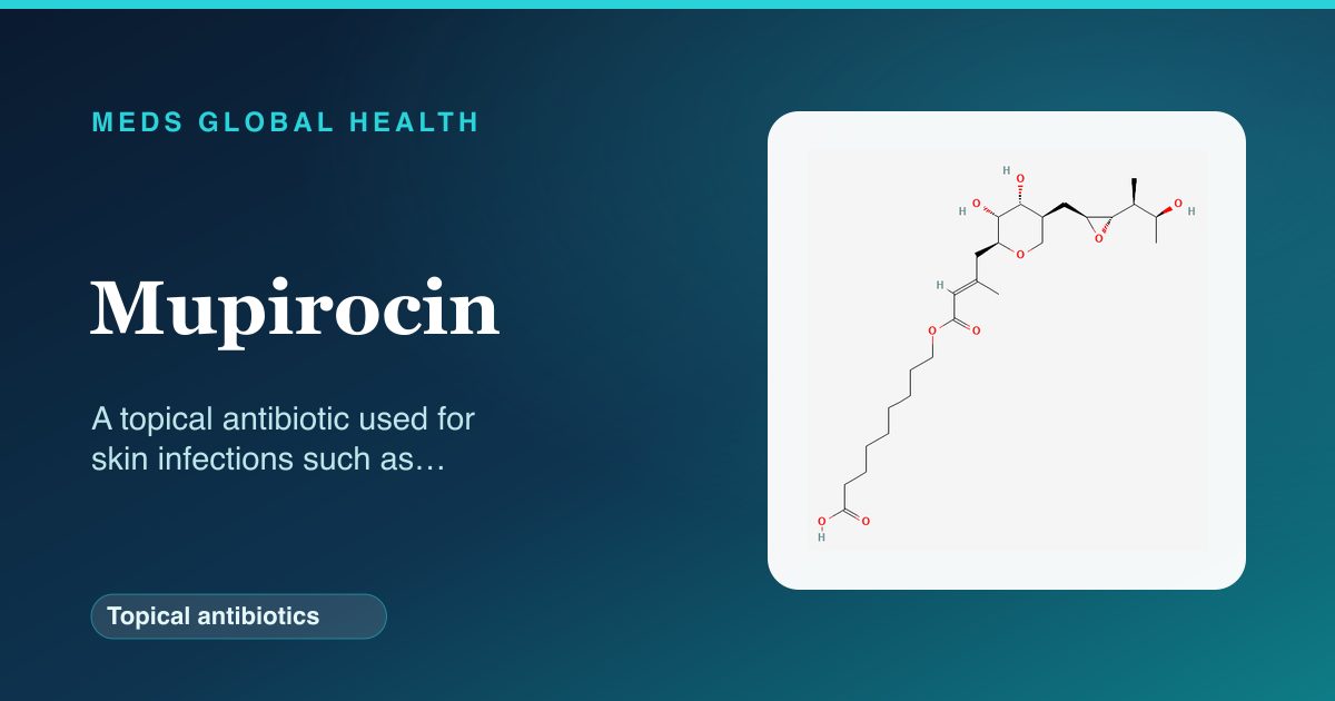 Mupirocin (Topical antibiotics) — Meds Global Health reference card with 2D molecular structure