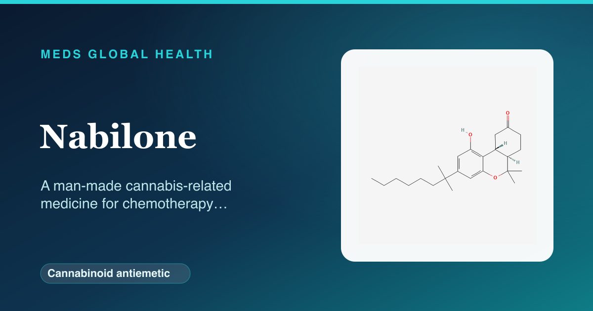 Nabilone (Cannabinoid antiemetic) — Meds Global Health reference card with 2D molecular structure