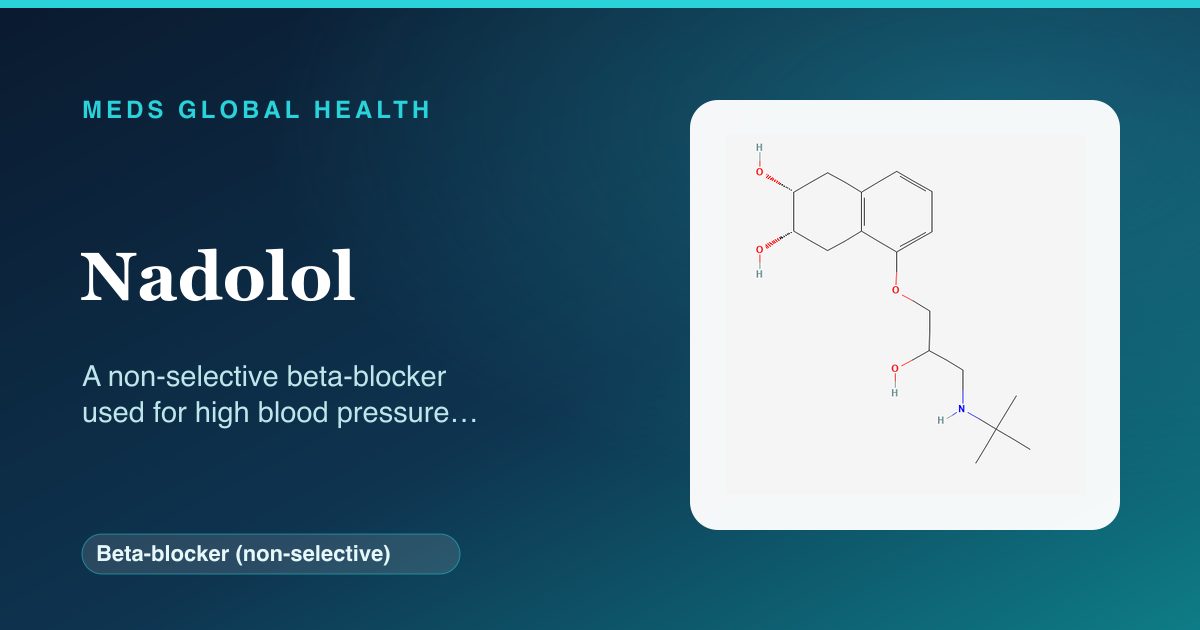 Nadolol (Beta-blocker (non-selective)) — Meds Global Health reference card with 2D molecular structure