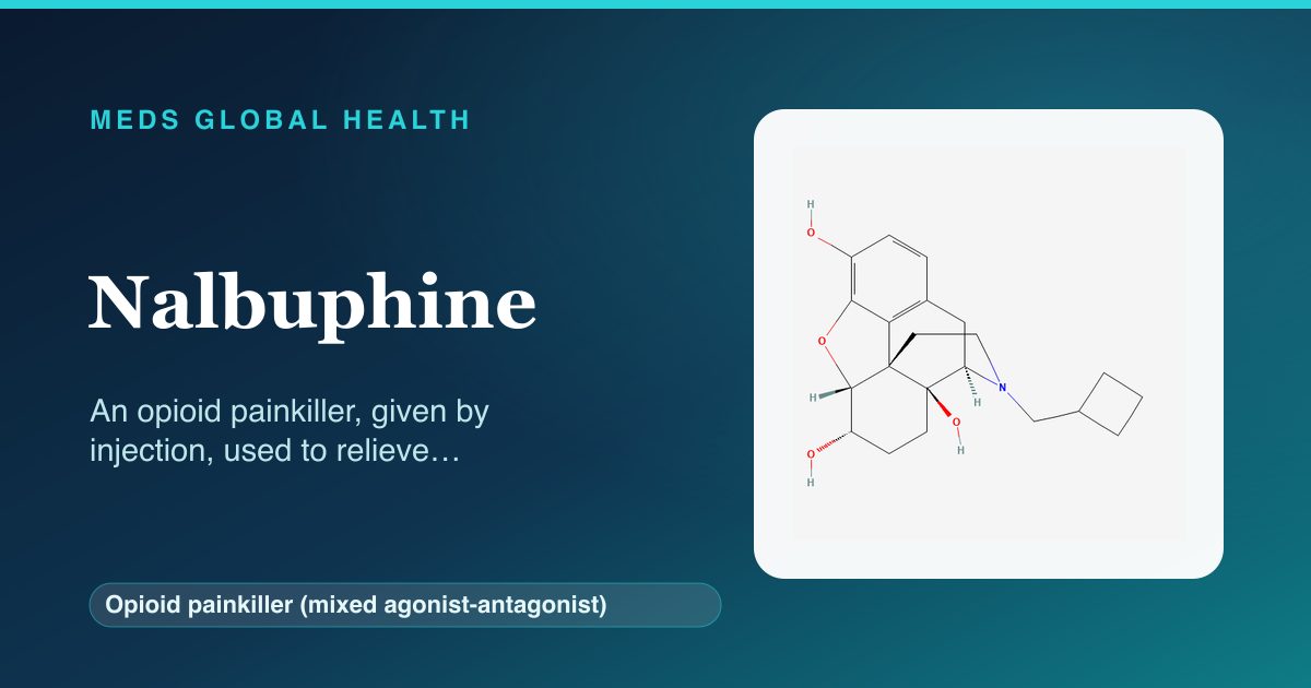 Nalbuphine (Opioid painkiller (mixed agonist-antagonist)) — Meds Global Health reference card with 2D molecular structure