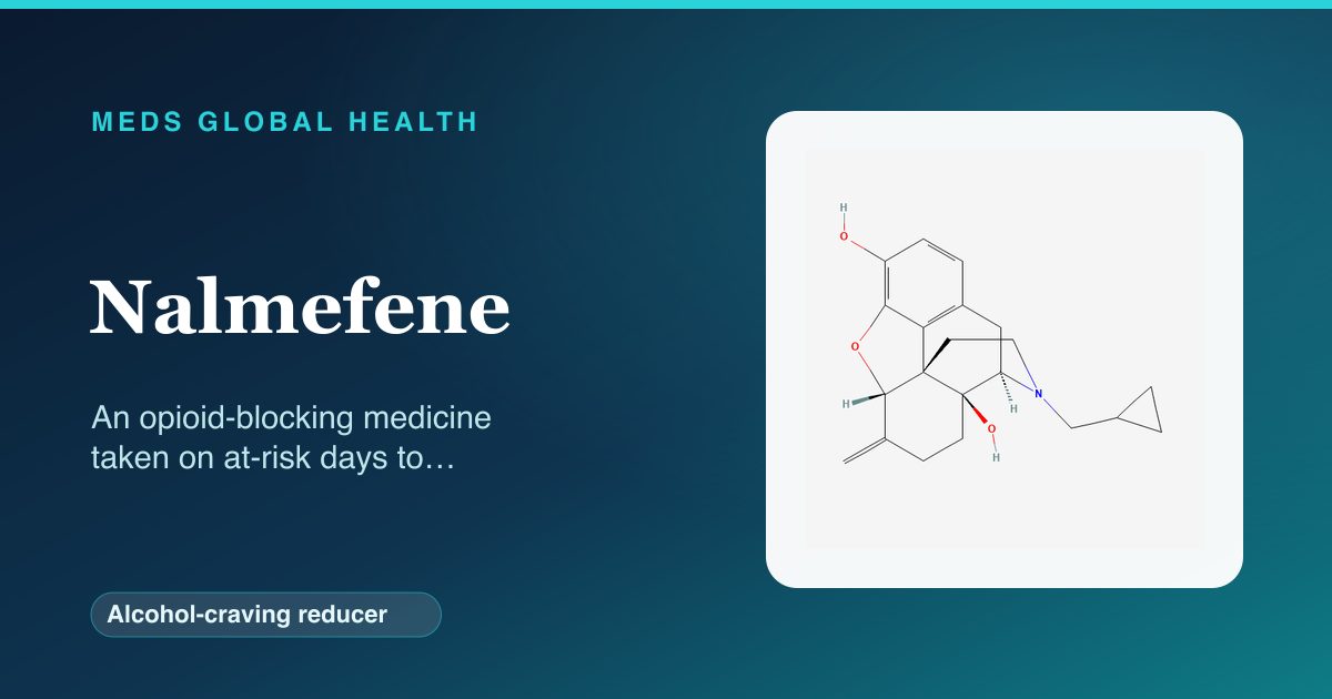 Nalmefene (Alcohol-craving reducer) — Meds Global Health reference card with 2D molecular structure