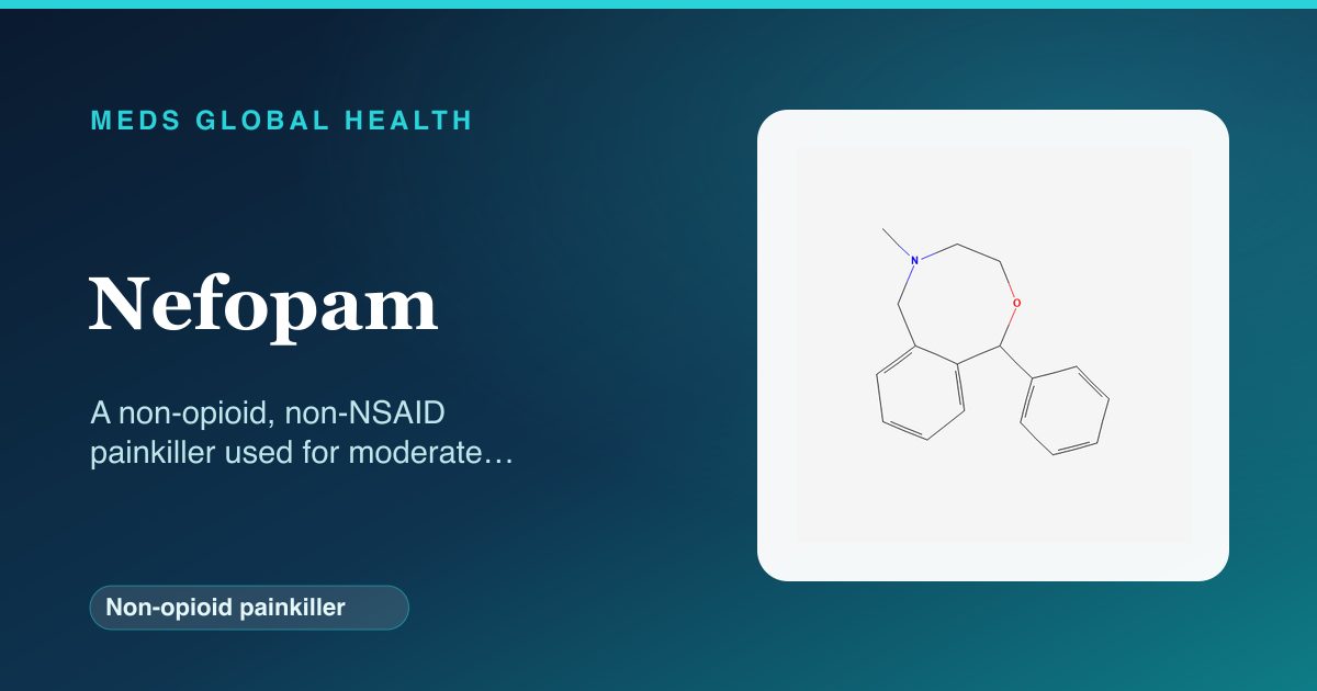 Nefopam (Non-opioid painkiller) — Meds Global Health reference card with 2D molecular structure