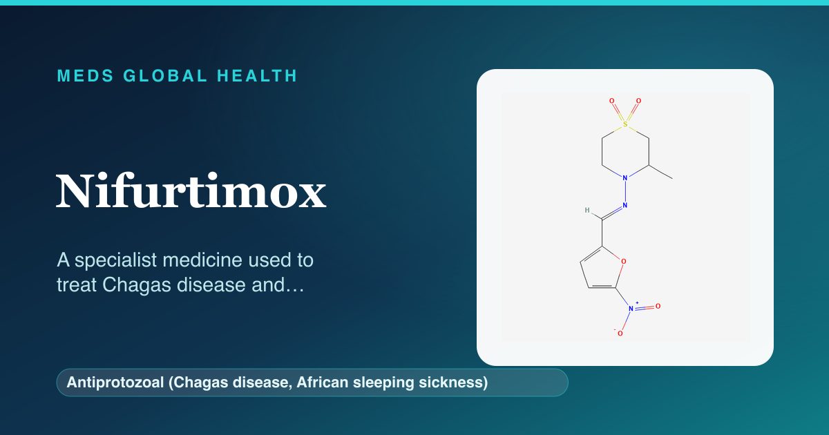 Nifurtimox (Antiprotozoal (Chagas disease, African sleeping sickness)) — Meds Global Health reference card with 2D molecular structure
