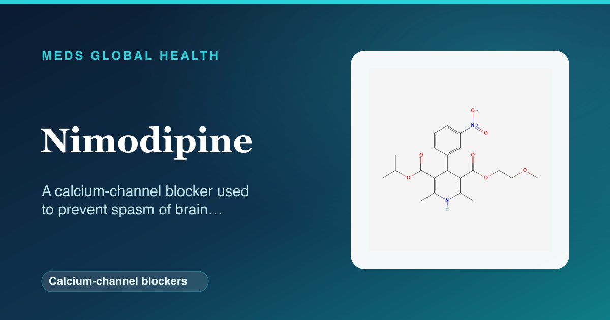 Nimodipine (Calcium-channel blockers) — Meds Global Health reference card with 2D molecular structure