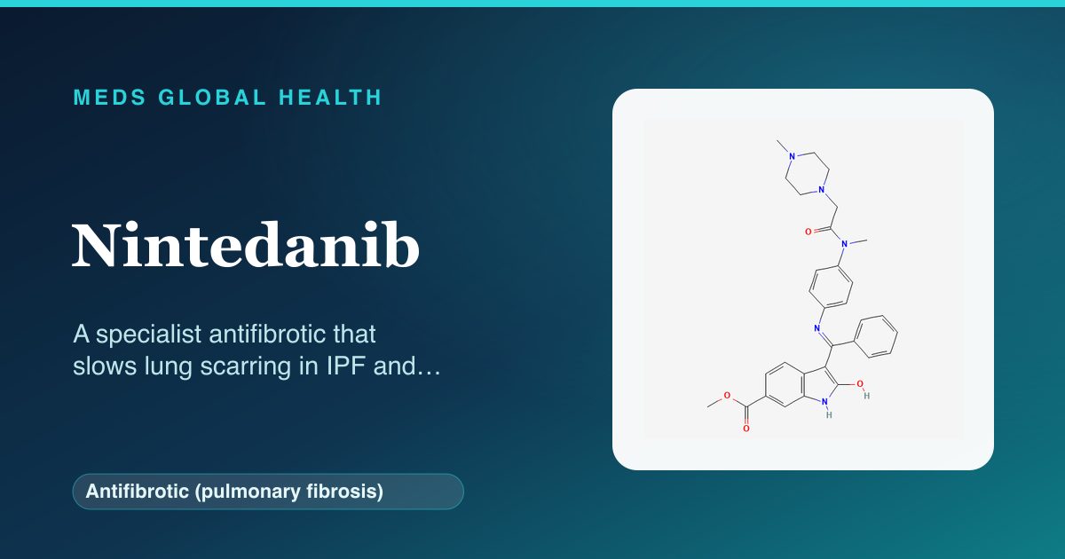 Nintedanib (Antifibrotic (pulmonary fibrosis)) — Meds Global Health reference card with 2D molecular structure