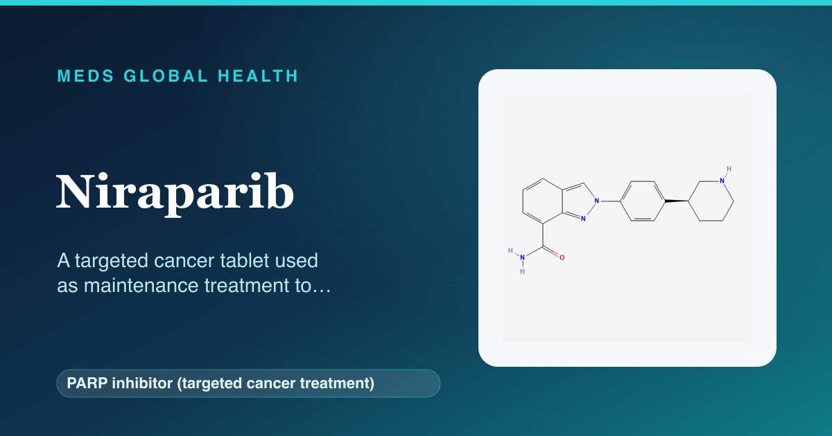 Niraparib (PARP inhibitor (targeted cancer treatment)) — Meds Global Health reference card with 2D molecular structure