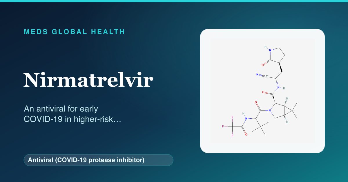 Nirmatrelvir (Antiviral (COVID-19 protease inhibitor)) — Meds Global Health reference card with 2D molecular structure
