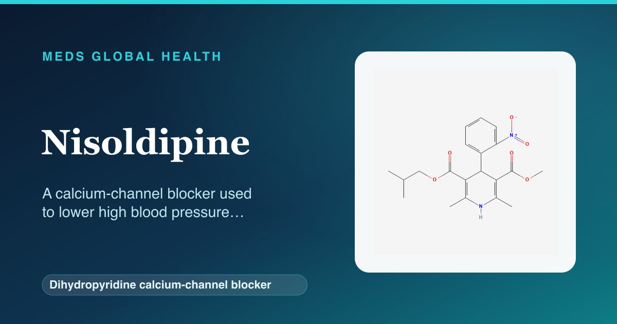 Nisoldipine (Dihydropyridine calcium-channel blocker) — Meds Global Health reference card with 2D molecular structure