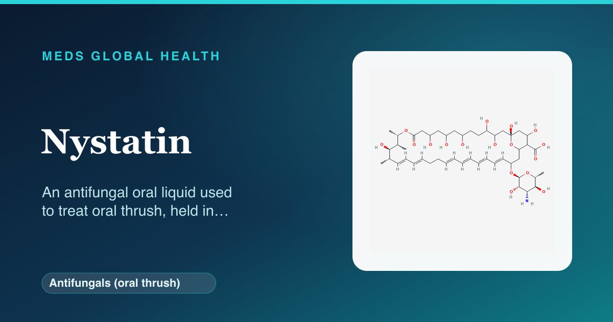 Nystatin (Antifungals (oral thrush)) — Meds Global Health reference card with 2D molecular structure